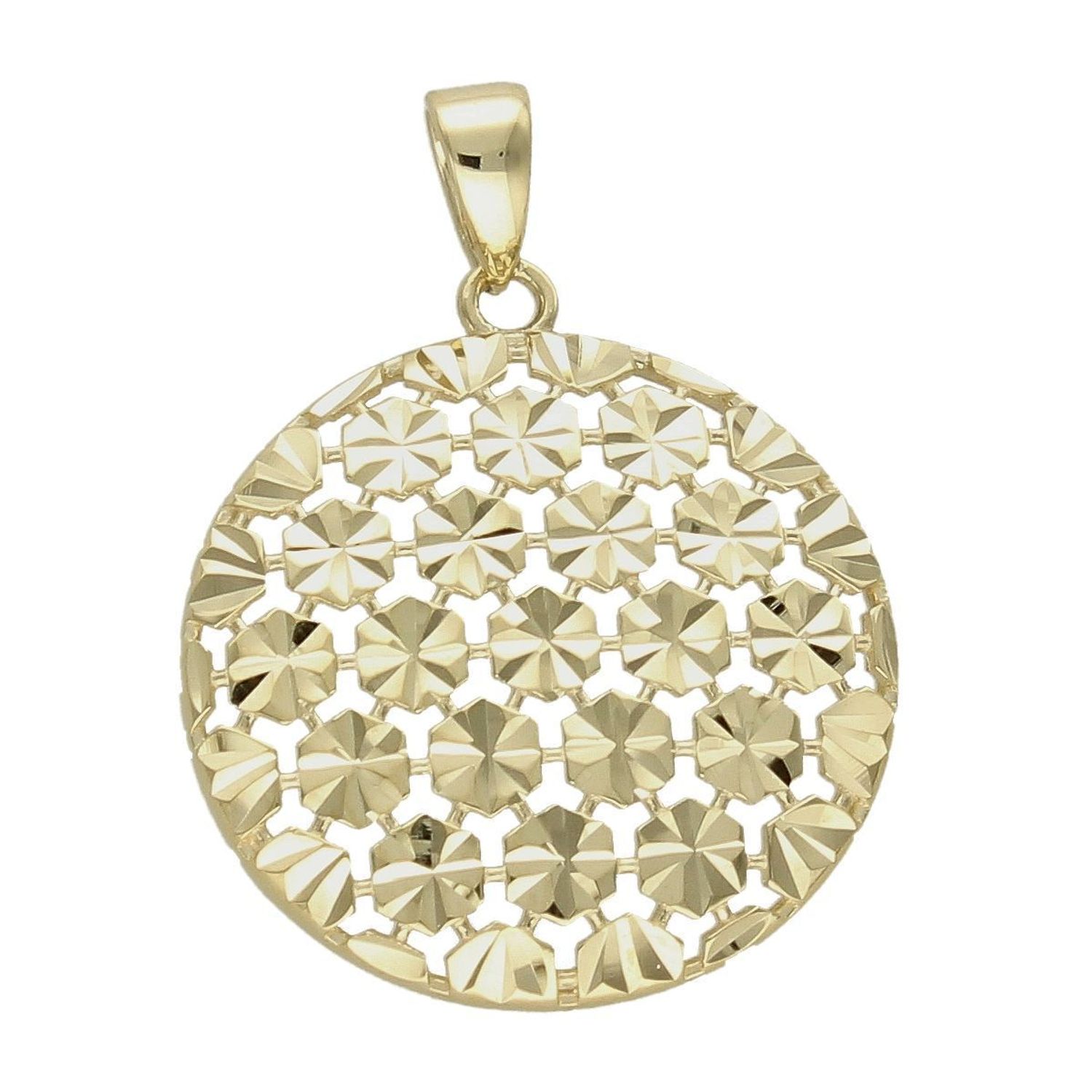 Złota zawieszka 333 okrągły ażur ZA 7020 333. Złoty wisiorek w kształcie koła wypełniony ażurowym motywem. Wisiorek o minimalistycznym wzornictwie, ale jednocześnie o ogromnym znaczeniu symbolicznym. Złoto jest metalem szlach.jpg